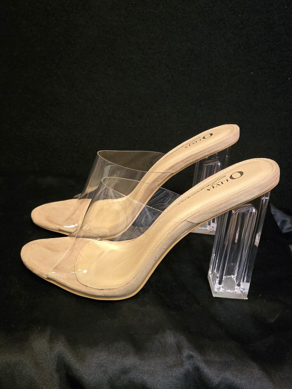 Olivia Ferguson Clear Vinyl Nude Block Heel Slide Sandals